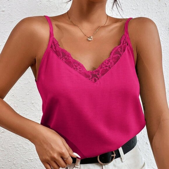 . Tops - Pink Boho Womens Contrast Lace Cami Top